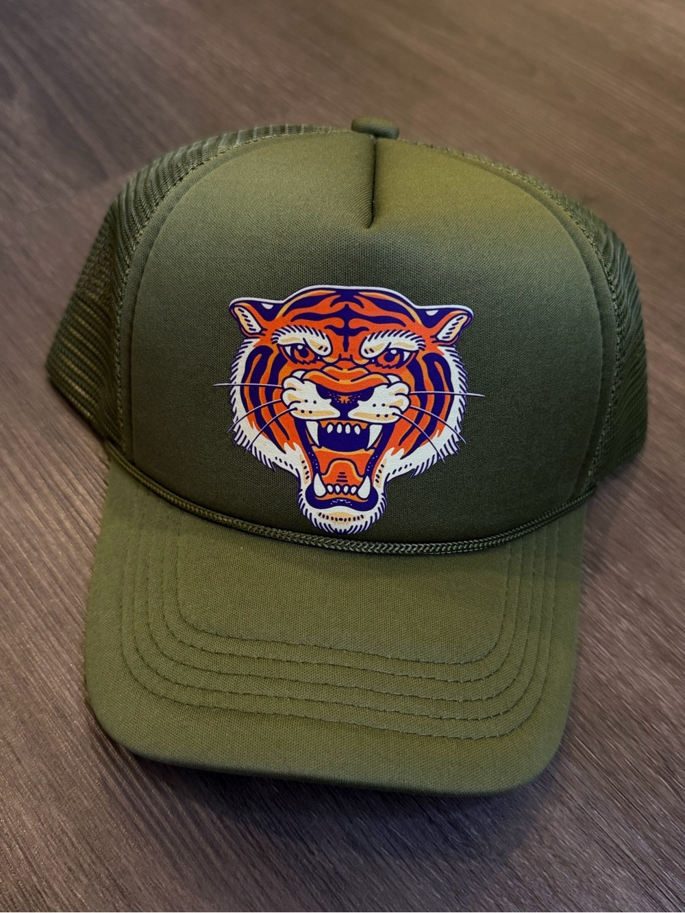 Olive Green Trucker Hat with Tiger Patch